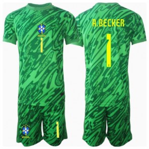 Brasilien Alisson Becker #1 Målvakt Hemmatröja Barn Copa America 2024 Kortärmad (+ Korta byxor)