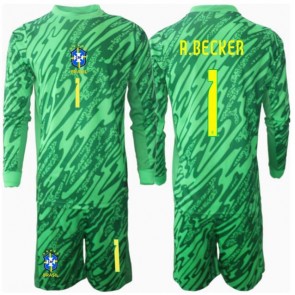 Brasilien Alisson Becker #1 Målvakt Hemmatröja Barn Copa America 2024 Långärmad (+ Korta byxor)