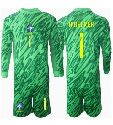 Brasilien Alisson Becker #1 Målvakt Hemmatröja Barn Copa America 2024 Långärmad (+ Korta byxor)
